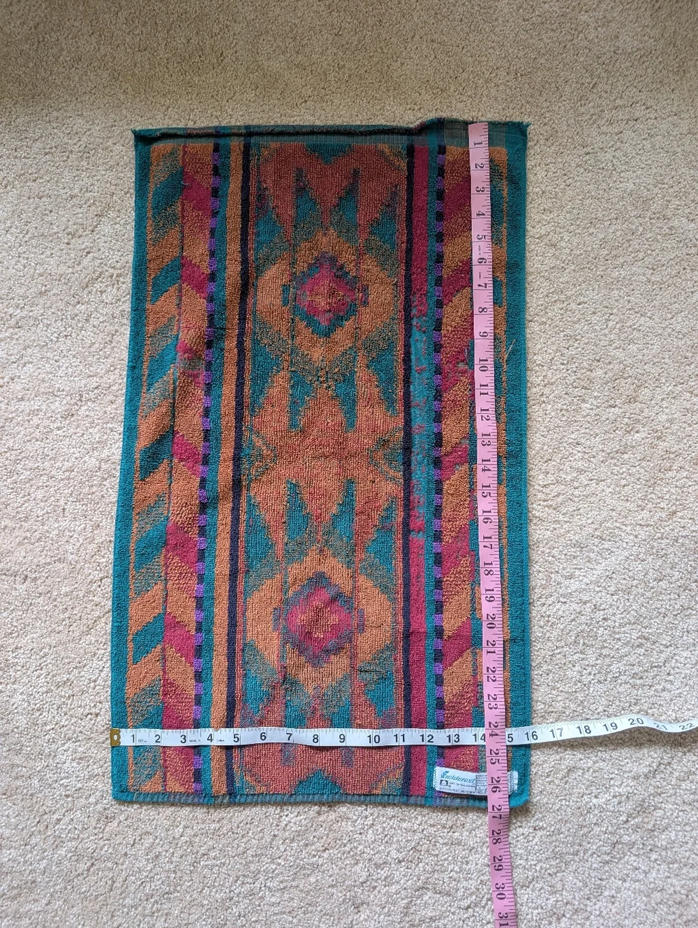 Vintage Fieldcrest Teal Orange Tribal Aztec Print Cotton Hand Towel